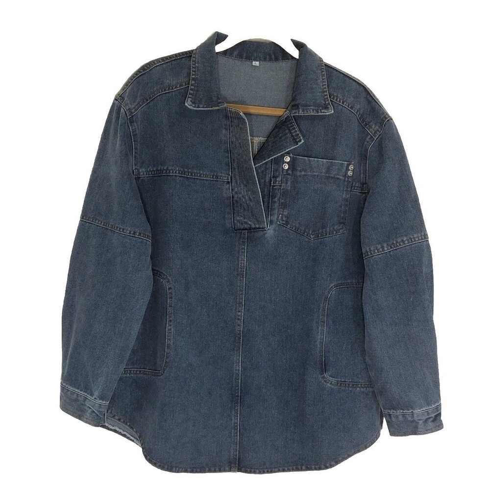 Denim Jacket Tops Women’s L Long Sleeve V-Neck Pockets Oversized